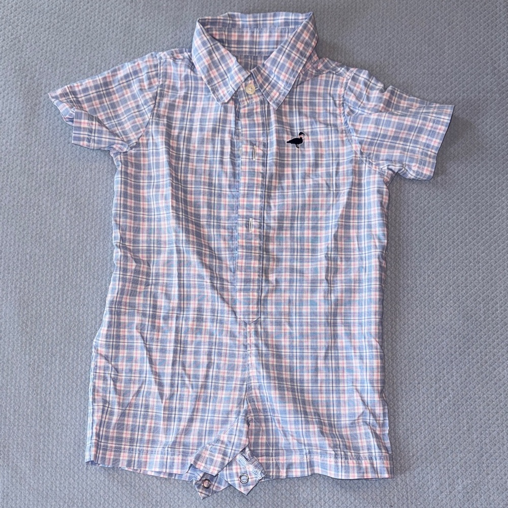 Plaid Short-Sleeve One-Piece Romper - Light Blue & Pink